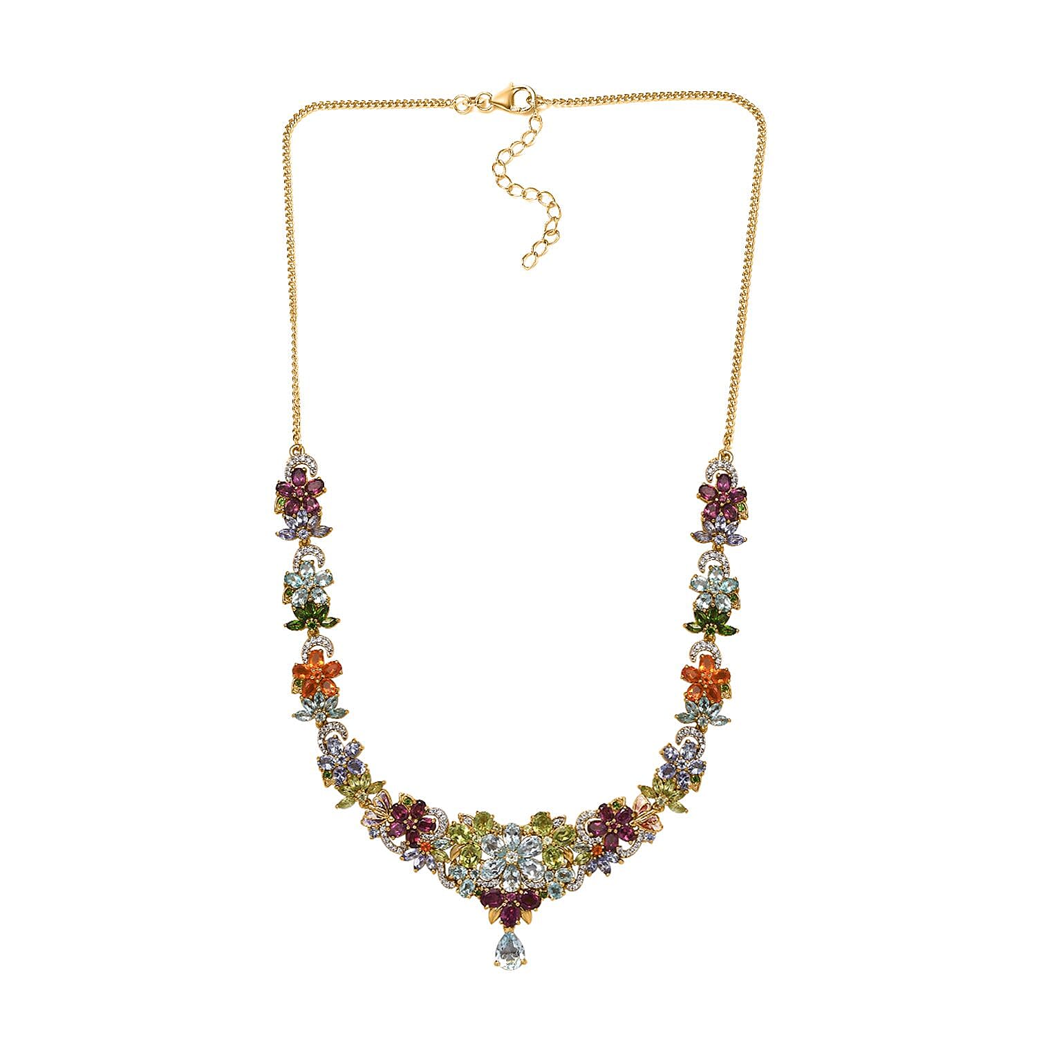 Multi Gemstone Floral Necklace 18-20 Inches in Vermeil Yellow Gold Over Sterling Silver 26.30 ctw