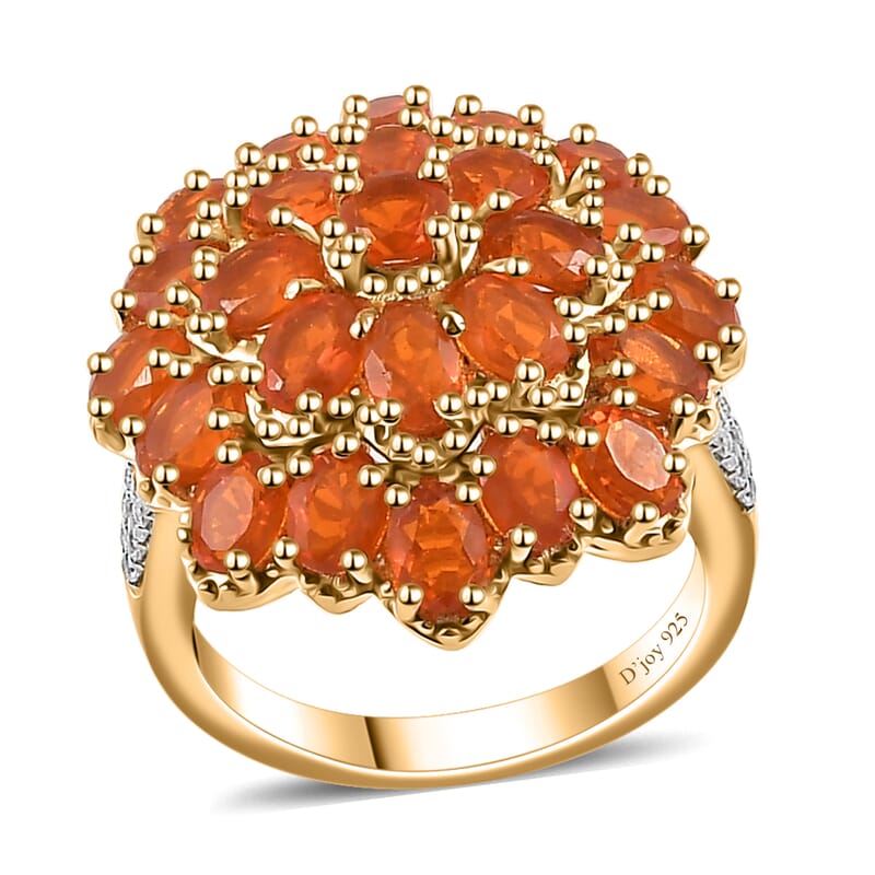 Crimson Fire Opal and White Zircon Floral Ring in Vermeil Yellow Gold Over Sterling Silver (Size 10.0) 3.30 ctw