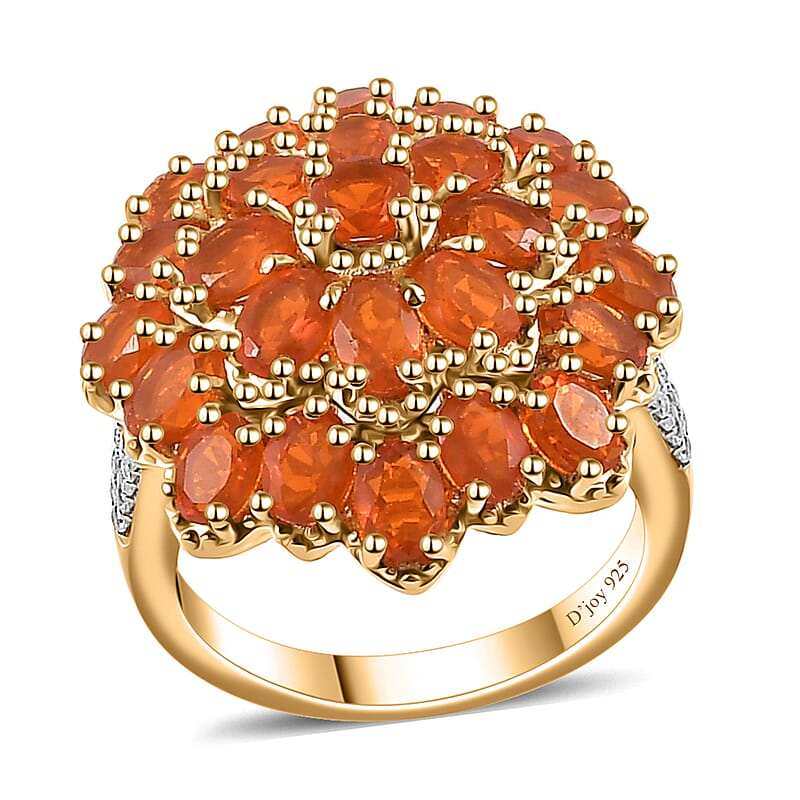 Crimson Fire Opal and White Zircon Floral Ring in Vermeil Yellow Gold Over Sterling Silver (Size 10.0) 3.30 ctw