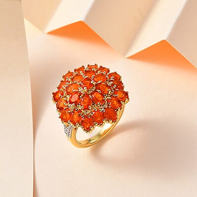 Crimson Fire Opal and White Zircon Floral Ring in Vermeil Yellow Gold Over Sterling Silver (Size 10.0) 3.30 ctw