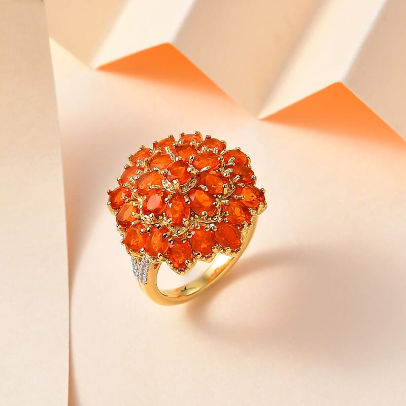 Crimson Fire Opal and White Zircon Floral Ring in Vermeil Yellow Gold Over Sterling Silver (Size 10.0) 3.30 ctw
