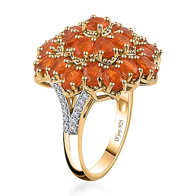 Crimson Fire Opal and White Zircon Floral Ring in Vermeil Yellow Gold Over Sterling Silver (Size 10.0) 3.30 ctw