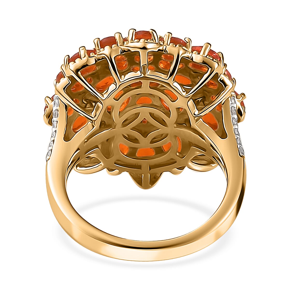Crimson Fire Opal and White Zircon Floral Ring in Vermeil Yellow Gold Over Sterling Silver (Size 10.0) 3.30 ctw