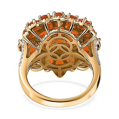 Crimson Fire Opal and White Zircon Floral Ring in Vermeil Yellow Gold Over Sterling Silver (Size 10.0) 3.30 ctw