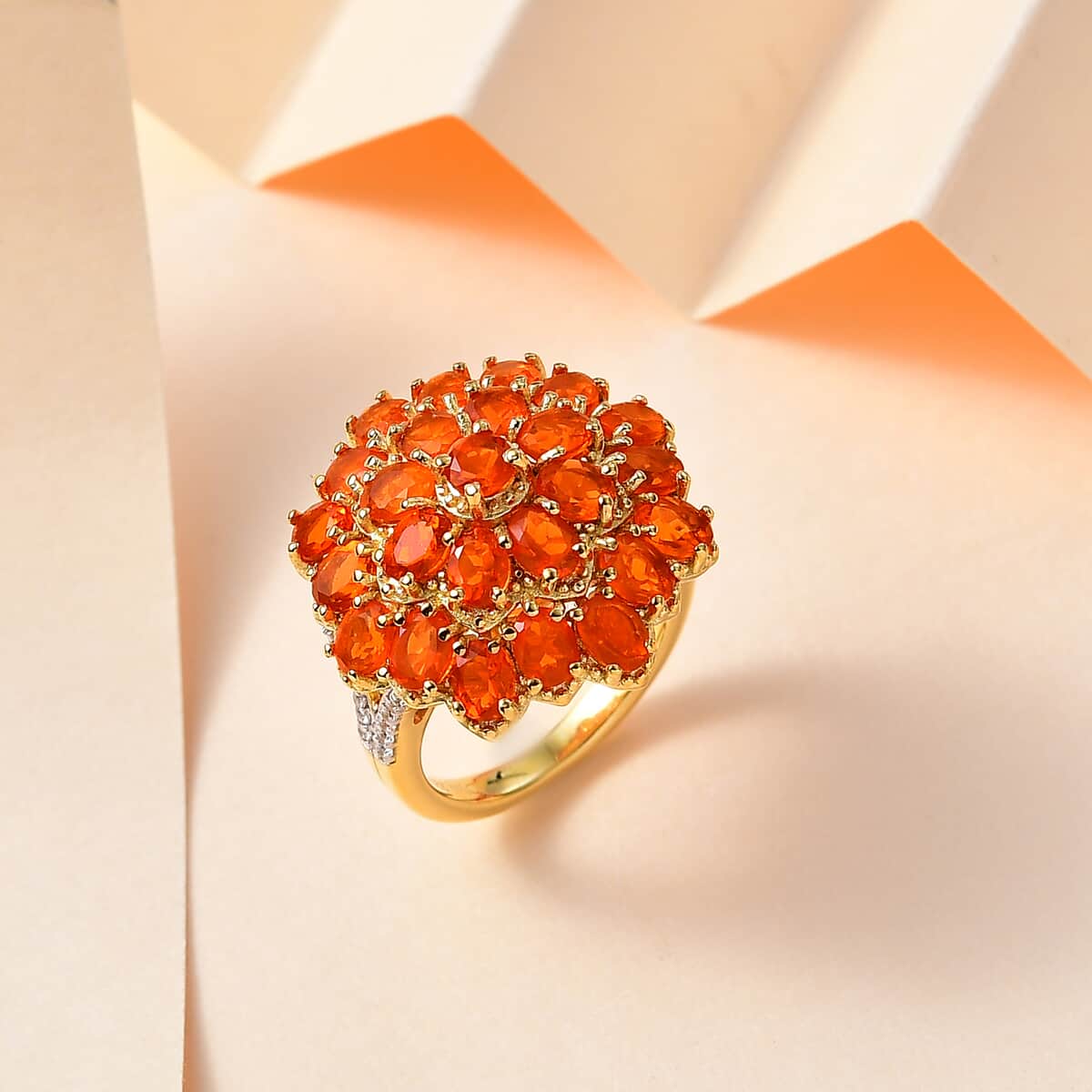 Crimson Fire Opal and White Zircon Floral Ring in Vermeil Yellow Gold Over Sterling Silver (Size 7.0) 3.30 ctw image number 1