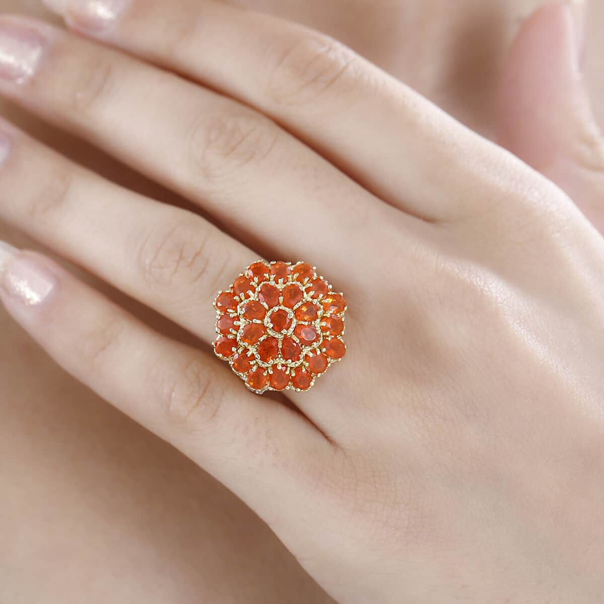 Crimson Fire Opal and White Zircon Floral Ring in Vermeil Yellow Gold Over Sterling Silver (Size 7.0) 3.30 ctw image number 2