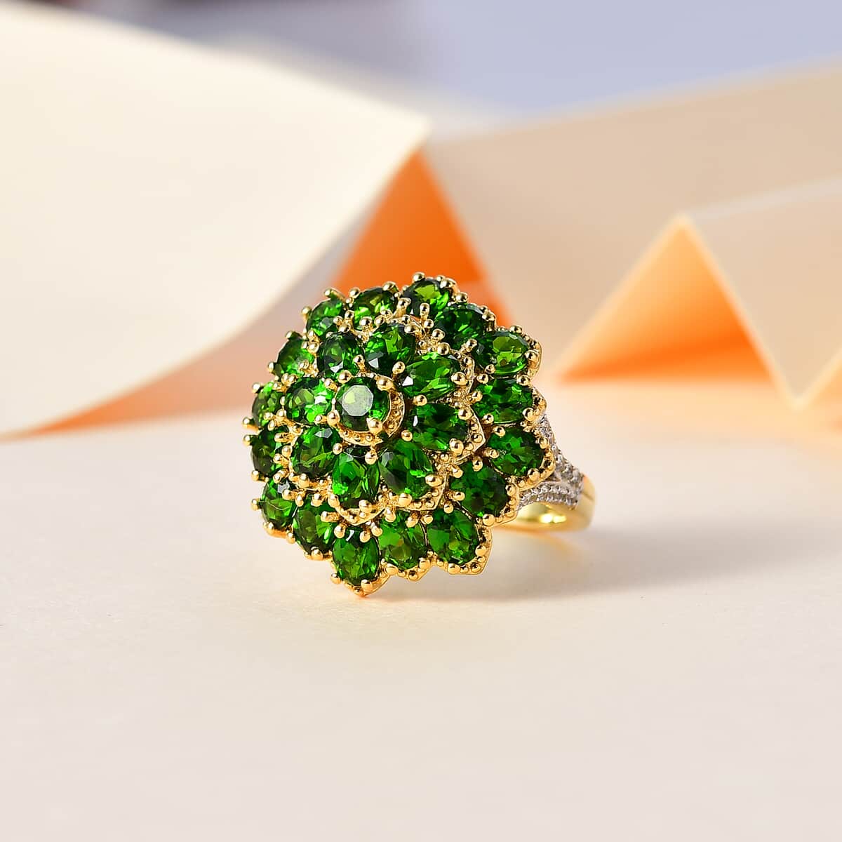 Chrome Diopside and White Zircon Floral Ring in Vermeil Yellow Gold Over Sterling Silver (Size 7.0) 5.35 ctw image number 1