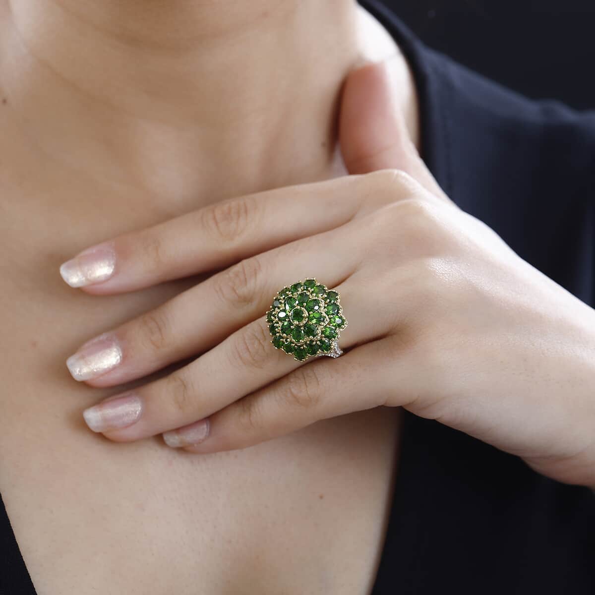 Chrome Diopside and White Zircon Floral Ring in Vermeil Yellow Gold Over Sterling Silver (Size 7.0) 5.35 ctw image number 2