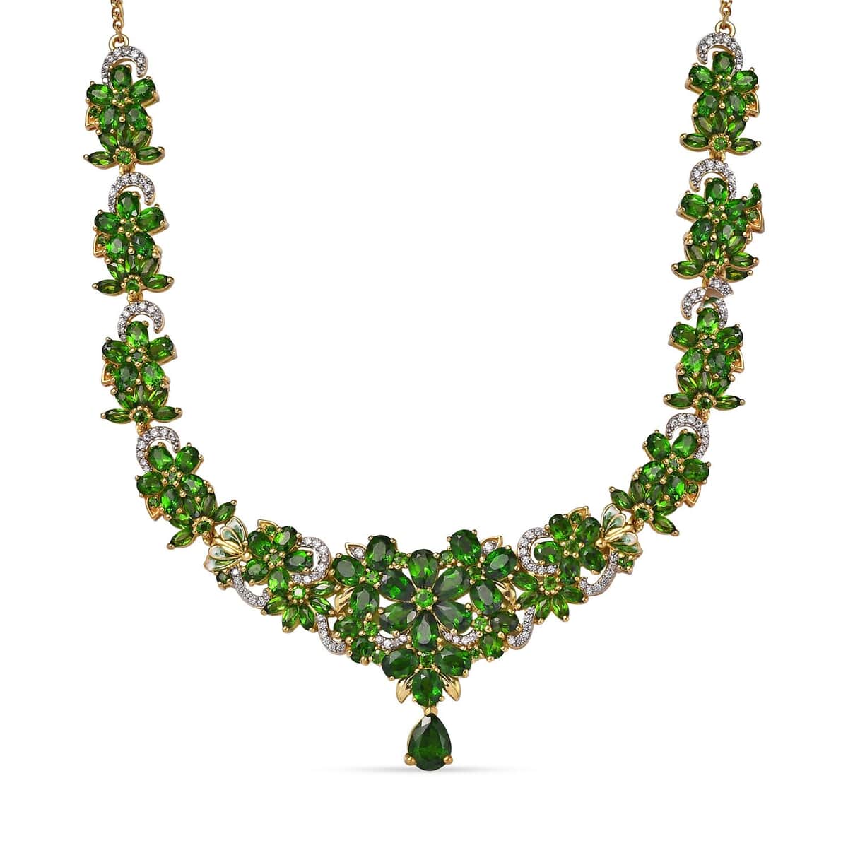 Chrome Diopside and White Zircon Floral Necklace 18-20 Inches in Vermeil Yellow Gold Over Sterling Silver 25.40 ctw image number 0