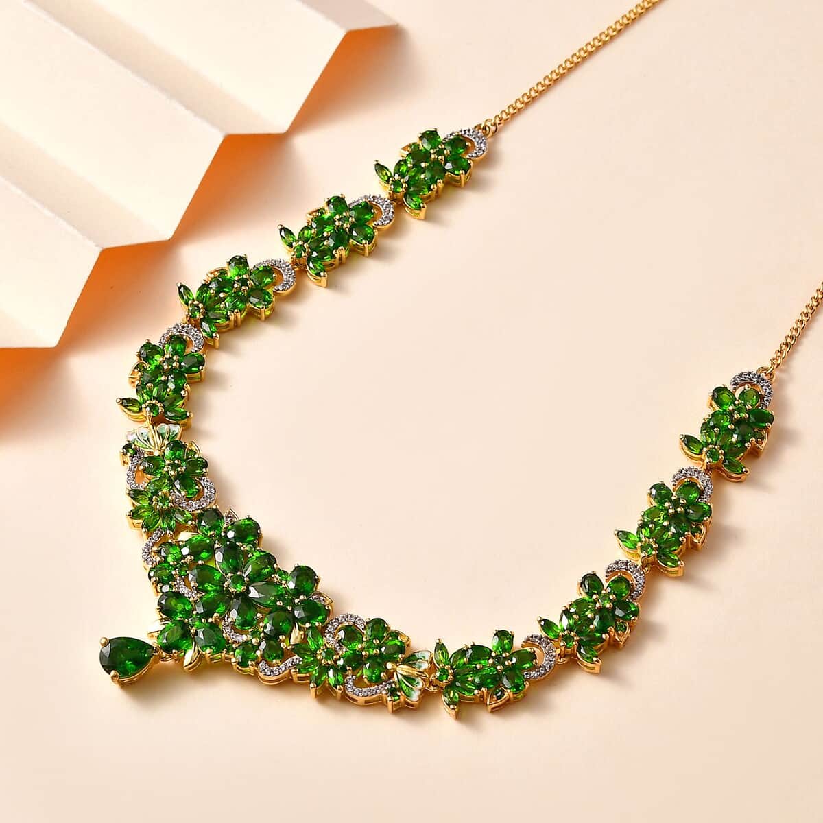 Chrome Diopside and White Zircon Floral Necklace 18-20 Inches in Vermeil Yellow Gold Over Sterling Silver 25.40 ctw image number 1