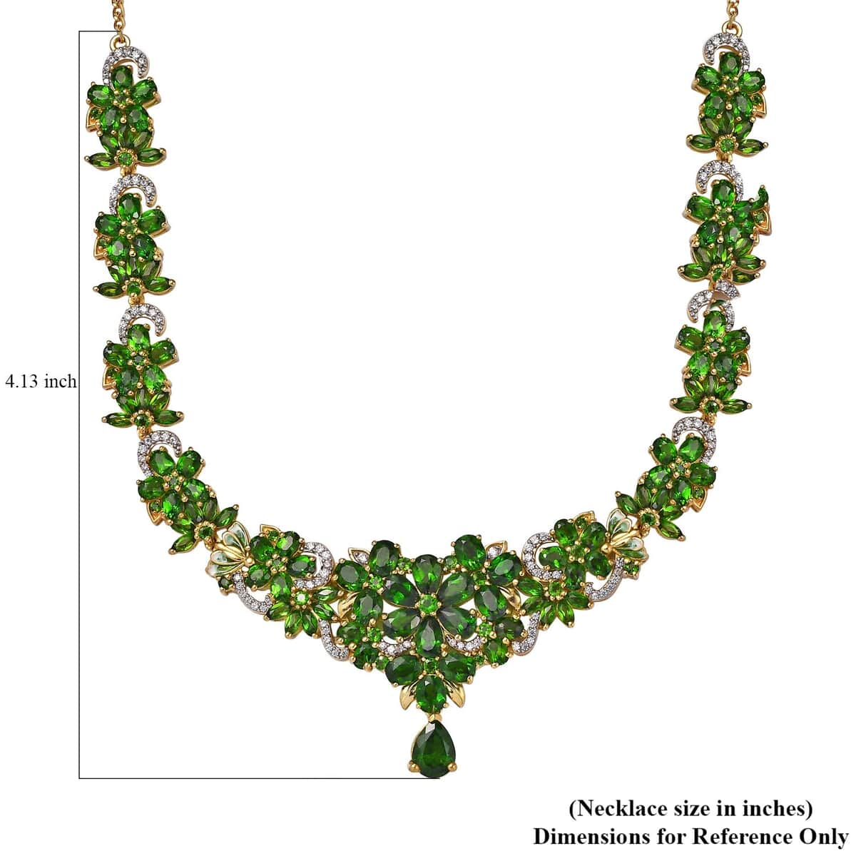 Chrome Diopside and White Zircon Floral Necklace 18-20 Inches in Vermeil Yellow Gold Over Sterling Silver 25.40 ctw image number 4