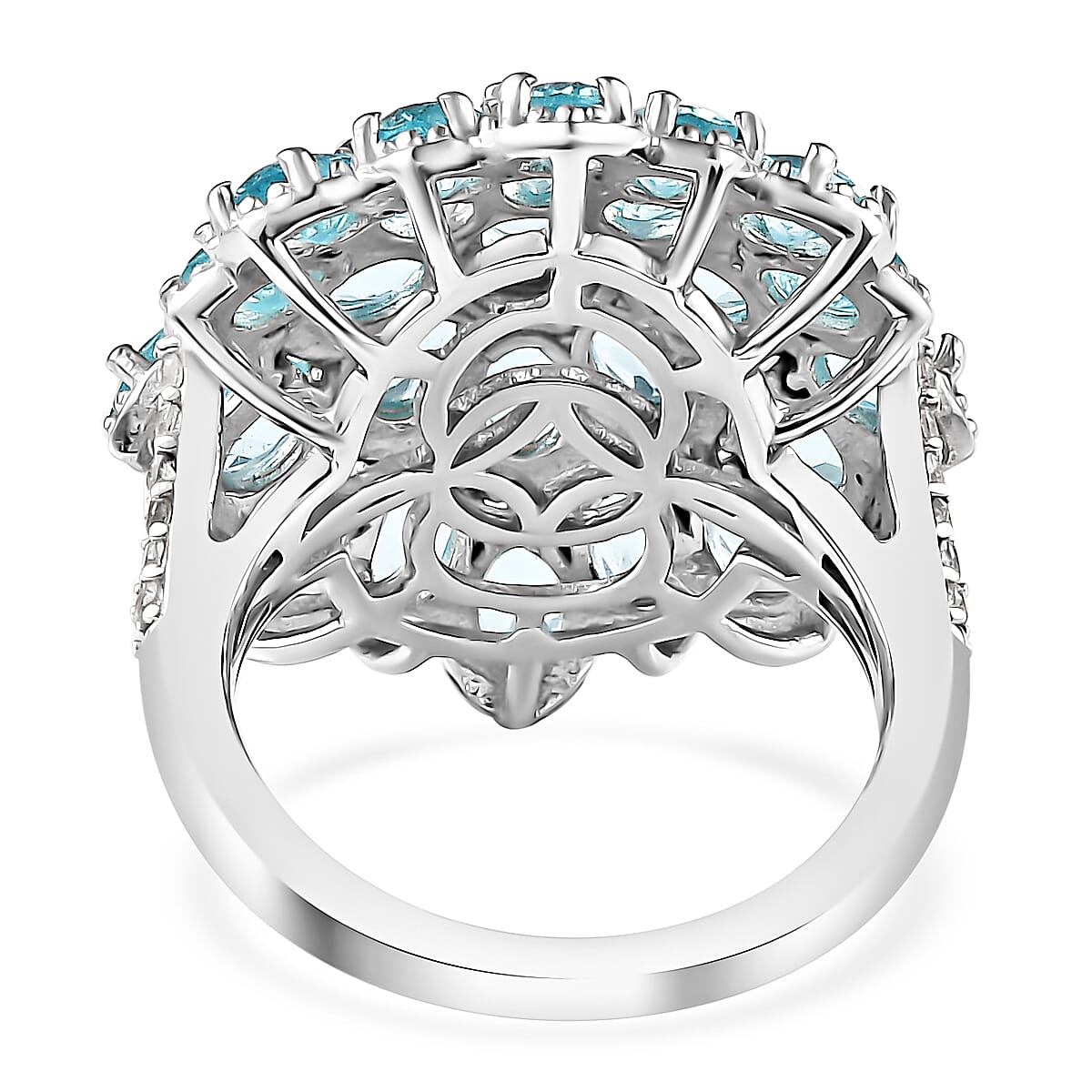 Betroka Blue Apatite and White Zircon Floral Ring in Platinum Over Sterling Silver (Size 10.0) 5.15 ctw