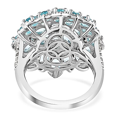 Betroka Blue Apatite and White Zircon Floral Ring in Platinum Over Sterling Silver (Size 10.0) 5.15 ctw