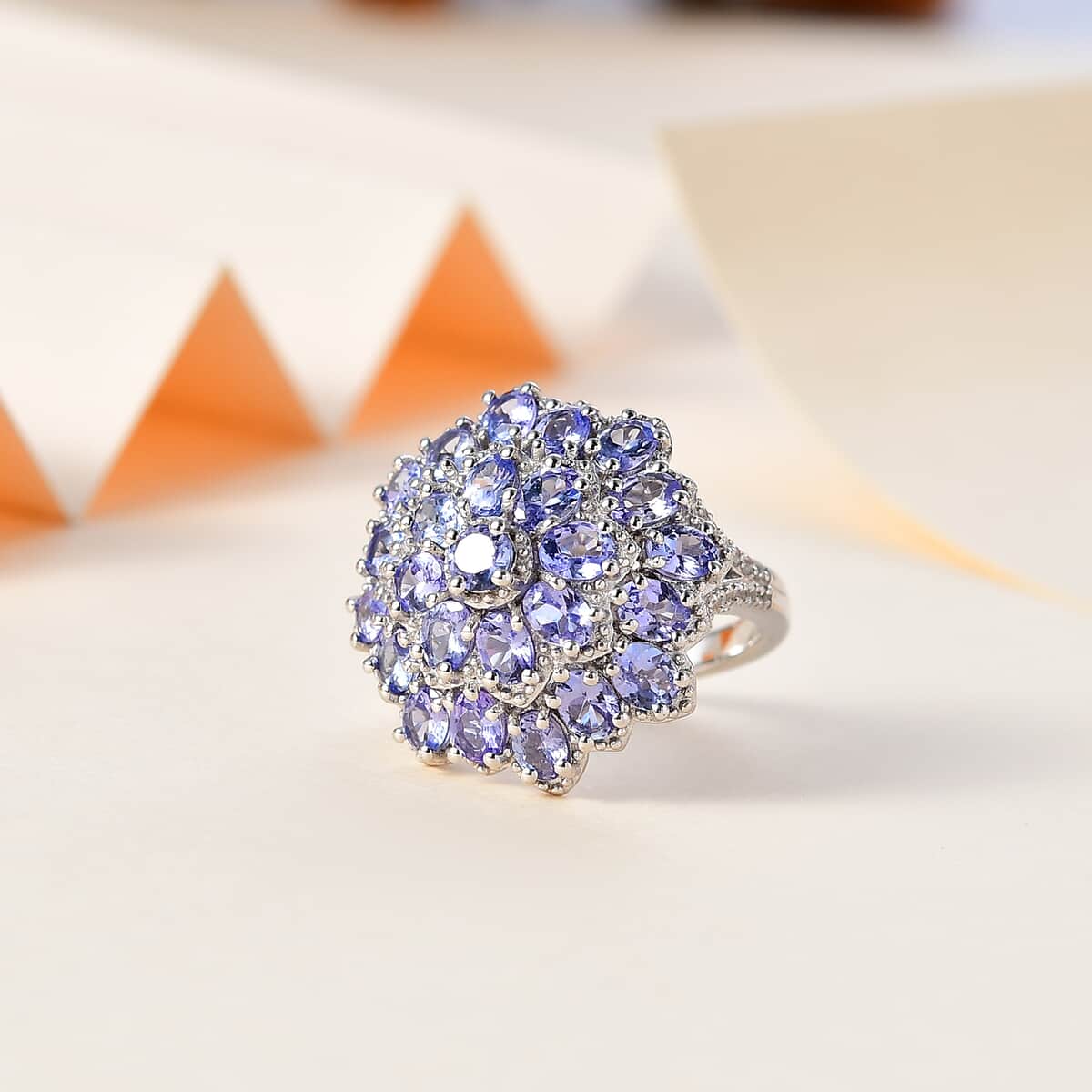 Tanzanite and White Zircon Floral Ring in Platinum Over Sterling Silver (Size 5.0) 4.60 ctw image number 1