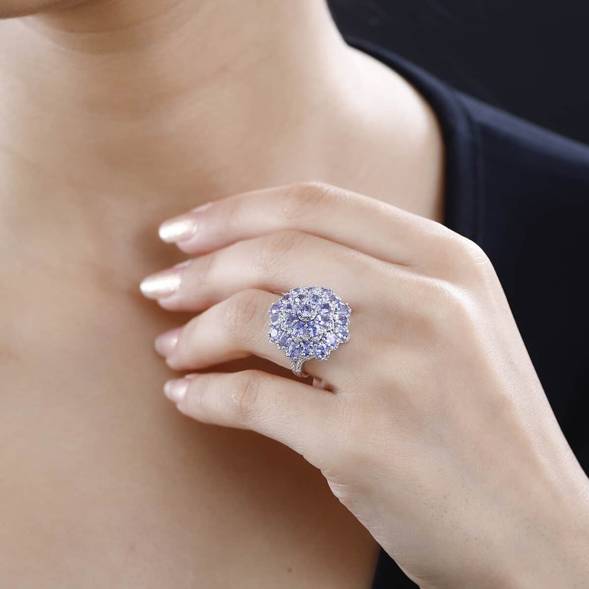 Tanzanite and White Zircon Floral Ring in Platinum Over Sterling Silver (Size 5.0) 4.60 ctw image number 2