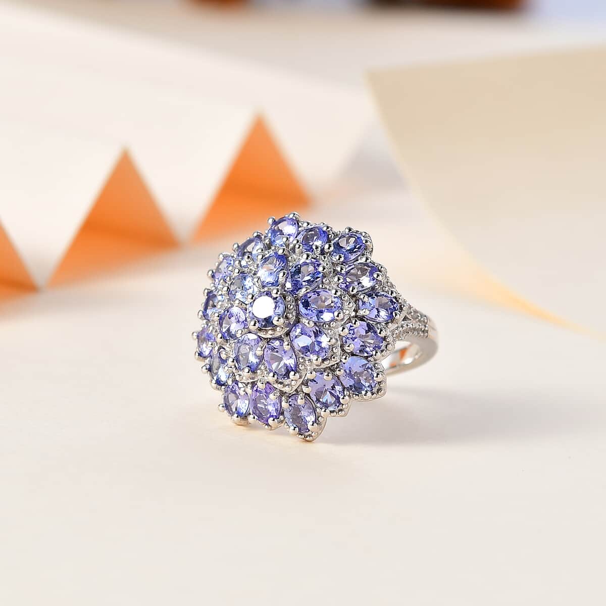 Tanzanite and White Zircon Floral Ring in Platinum Over Sterling Silver (Size 7.0) 4.60 ctw image number 1