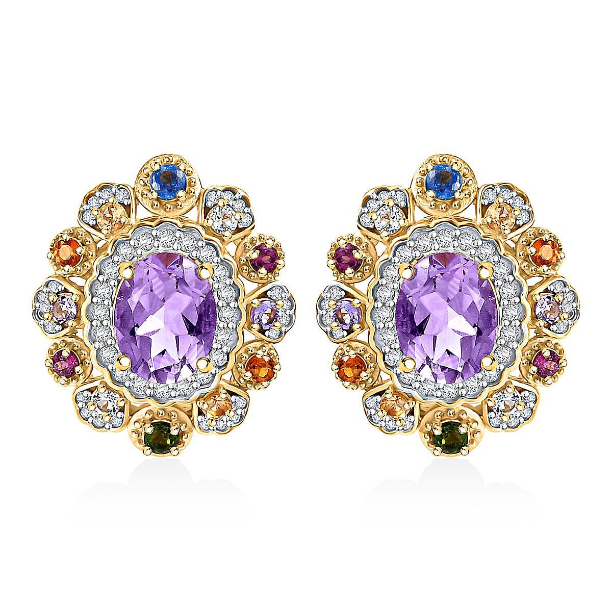 Rose De France Amethyst and Multi Gemstone 5.20 ctw Earrings in Vermeil Yellow Gold Over Sterling Silver