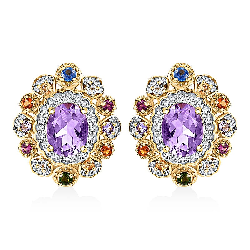 Rose De France Amethyst and Multi Gemstone 5.20 ctw Earrings in Vermeil Yellow Gold Over Sterling Silver