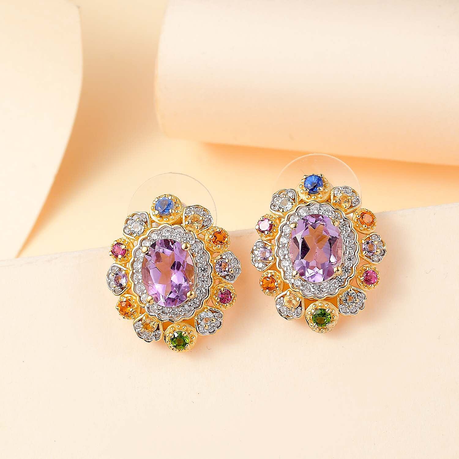Rose De France Amethyst and Multi Gemstone 5.20 ctw Earrings in Vermeil Yellow Gold Over Sterling Silver