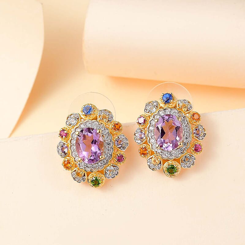 Rose De France Amethyst and Multi Gemstone 5.20 ctw Earrings in Vermeil Yellow Gold Over Sterling Silver