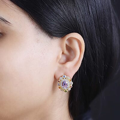 Rose De France Amethyst and Multi Gemstone 5.20 ctw Earrings in Vermeil Yellow Gold Over Sterling Silver
