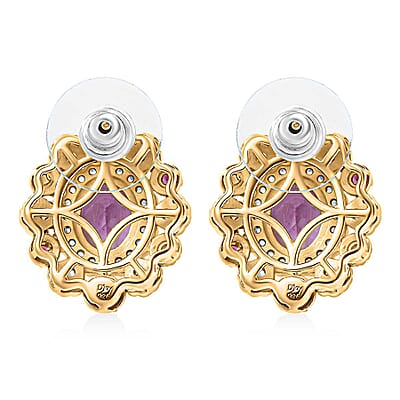 Rose De France Amethyst and Multi Gemstone 5.20 ctw Earrings in Vermeil Yellow Gold Over Sterling Silver