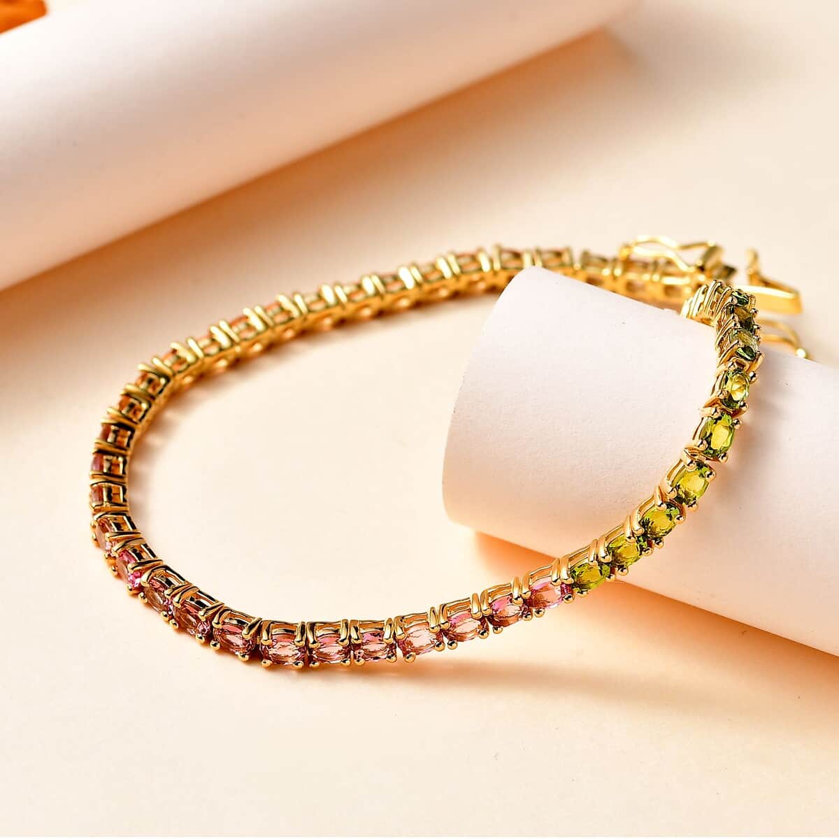 Premium Calabar Multi-Color Tourmaline Tennis Bracelet in Vermeil Yellow Gold Over Sterling Silver (6.50 In) 6.25 ctw image number 1