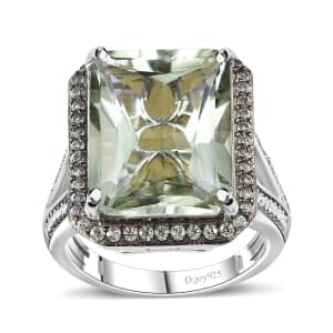 Radiant Cut Premium Montezuma Prasiolite and Multi Gemstone Halo Ring in Platinum Over Sterling Silver (Size 10.0) 11.90 ctw