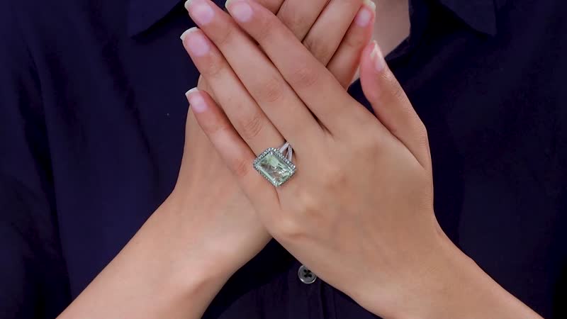 TLV Radiant Cut Premium Montezuma Prasiolite, Multi Gemstone Halo Ring in Platinum Over Sterling Silver (Size 6.0) 11.90 ctw