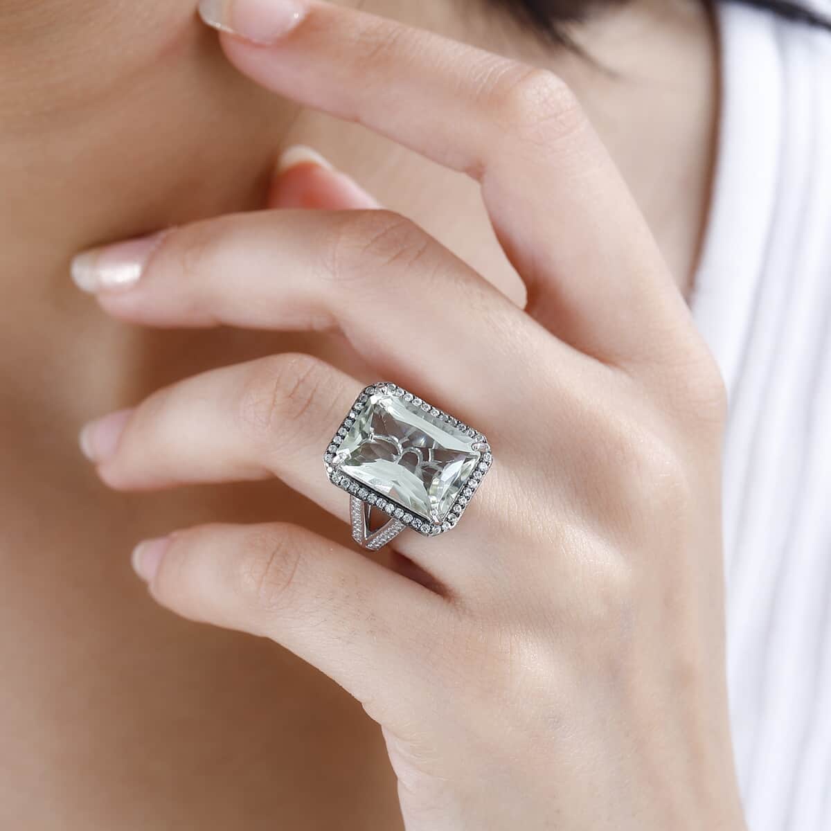 TLV Radiant Cut Premium Montezuma Prasiolite, Multi Gemstone Halo Ring in Platinum Over Sterling Silver (Size 6.0) 11.90 ctw image number 2
