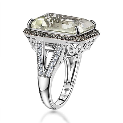 Radiant Cut Premium Montezuma Prasiolite and Multi Gemstone Halo Ring in Platinum Over Sterling Silver (Size 10.0) 11.90 ctw