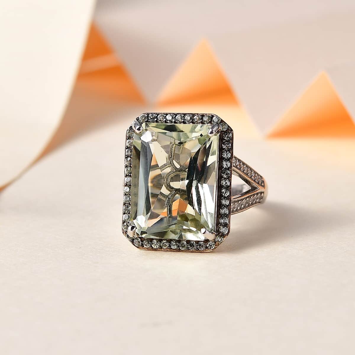 Radiant Cut Premium Montezuma Prasiolite and Multi Gemstone Halo Ring in Platinum Over Sterling Silver (Size 6.0) 11.90 ctw image number 1