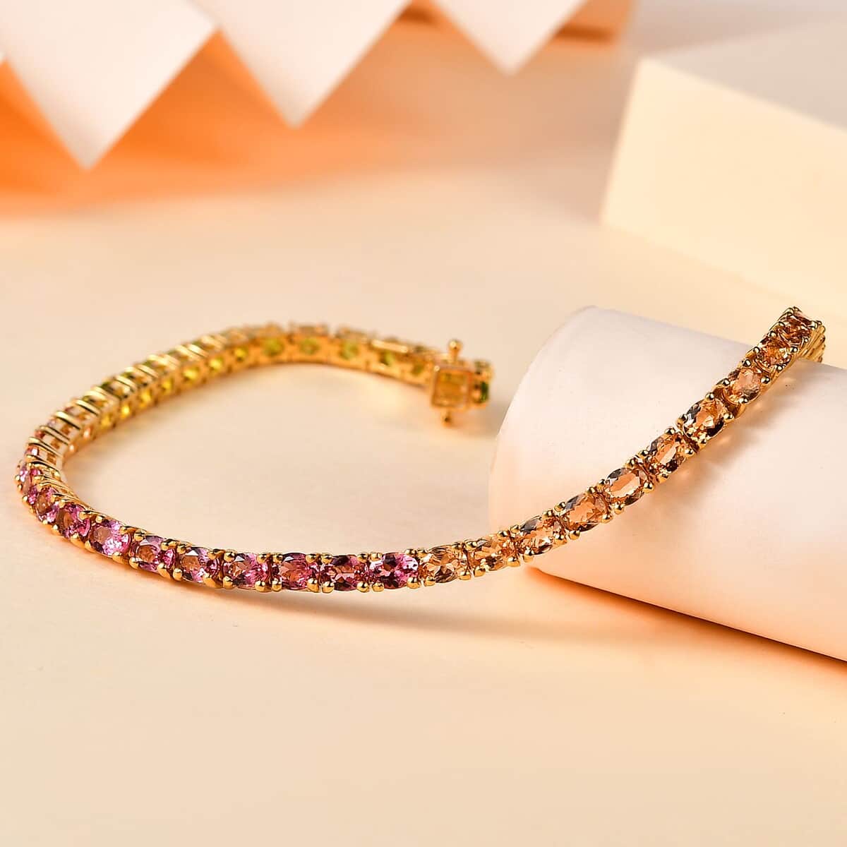 Premium Calabar Multi-Color Tourmaline Tennis Bracelet in Vermeil Yellow Gold Over Sterling Silver (7.25 In) 6.90 ctw image number 1