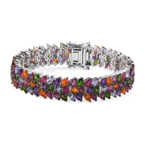 Multi Gemstone Crown Prestige 3 Row Bracelet in Platinum Over Sterling Silver (6.50 In) 21.60 ctw