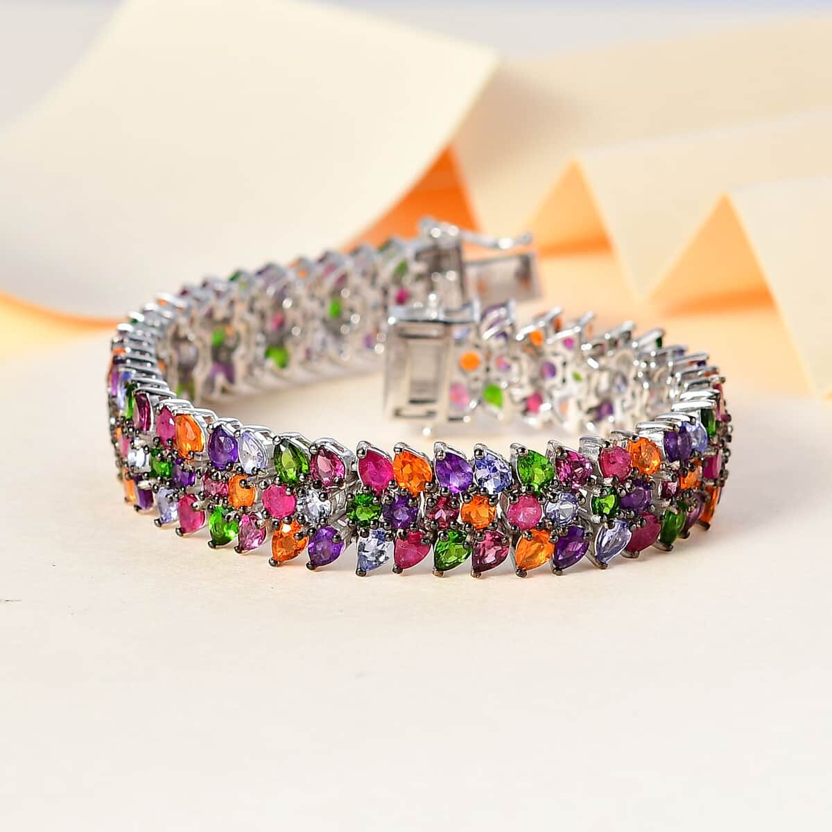 Multi Gemstone Crown Prestige 3 Row Bracelet in Platinum Over Sterling Silver (6.50 In) 21.60 ctw image number 1