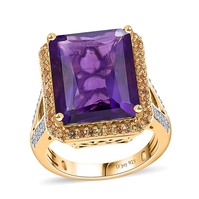 Radiant Cut Premium African Amethyst and Multi Gemstone Halo Ring in Vermeil Yellow Gold Over Sterling Silver (Size 10.0) 12.85 ctw