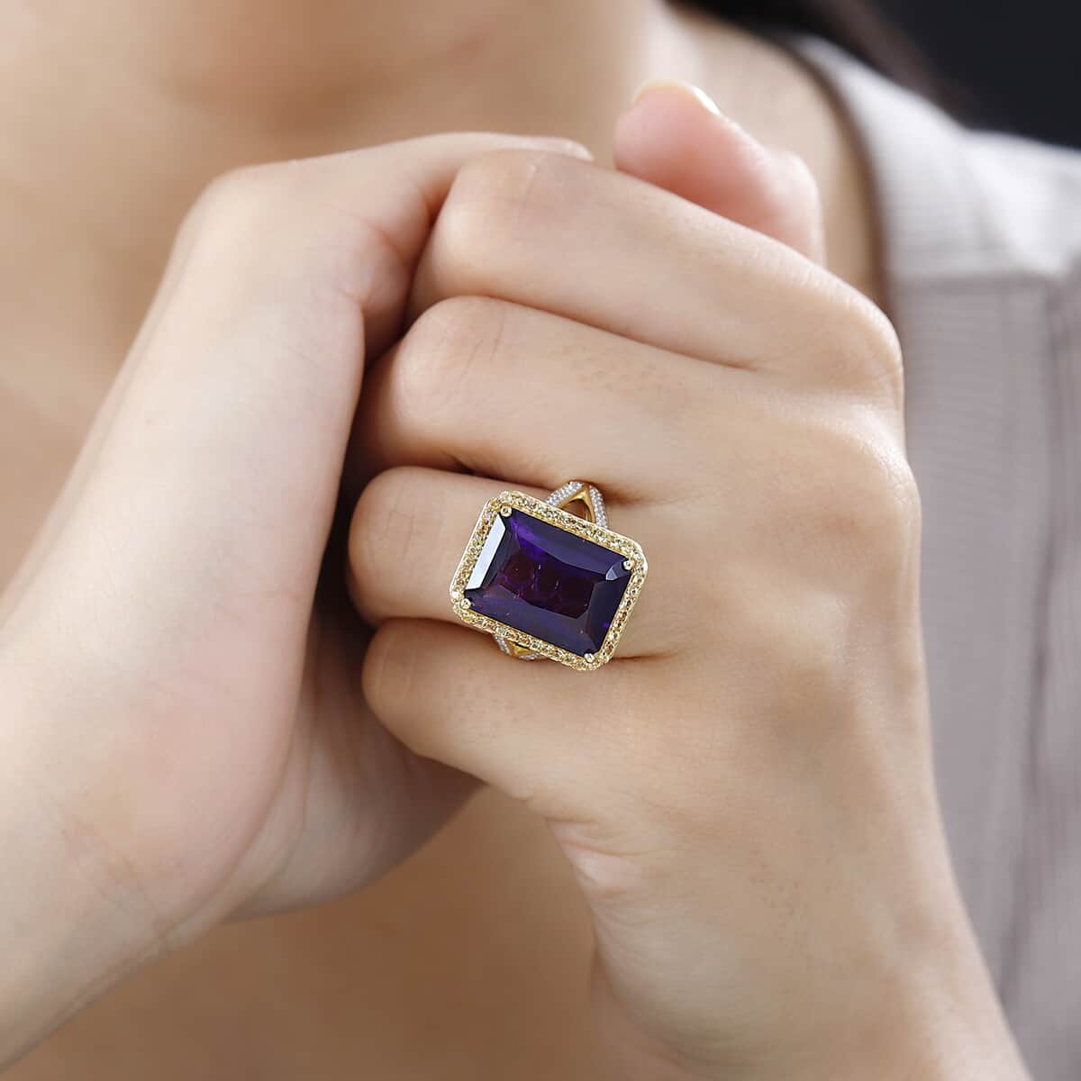 Radiant Cut Premium African Amethyst and Multi Gemstone Halo Ring in Vermeil Yellow Gold Over Sterling Silver (Size 10.0) 12.85 ctw image number 2
