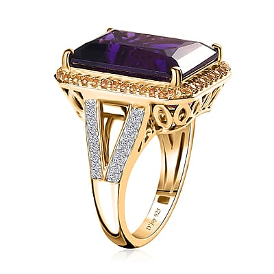 Radiant Cut Premium African Amethyst and Multi Gemstone Halo Ring in Vermeil Yellow Gold Over Sterling Silver (Size 10.0) 12.85 ctw
