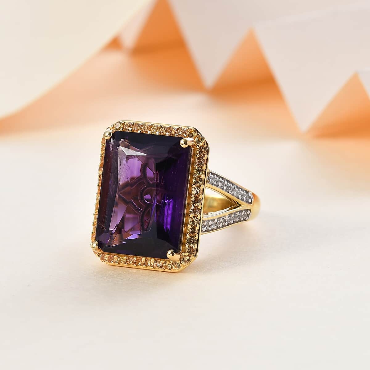 Radiant Cut Premium African Amethyst and Multi Gemstone Halo Ring in Vermeil Yellow Gold Over Sterling Silver (Size 6.0) 12.85 ctw image number 1