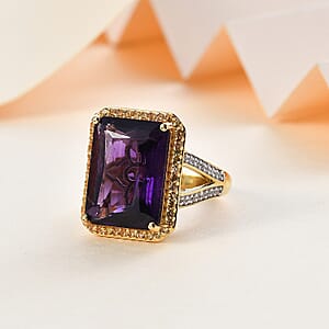 Radiant Cut Premium African Amethyst and Multi Gemstone Halo Ring in Vermeil Yellow Gold Over Sterling Silver (Size 6.0) 12.85 ctw