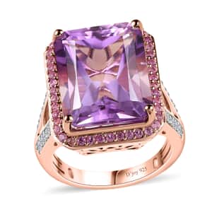 Radiant Cut Premium Rose De France Amethyst and Multi Gemstone Halo Ring in Vermeil Rose Gold Over Sterling Silver (Size 10.0) 12.35 ctw
