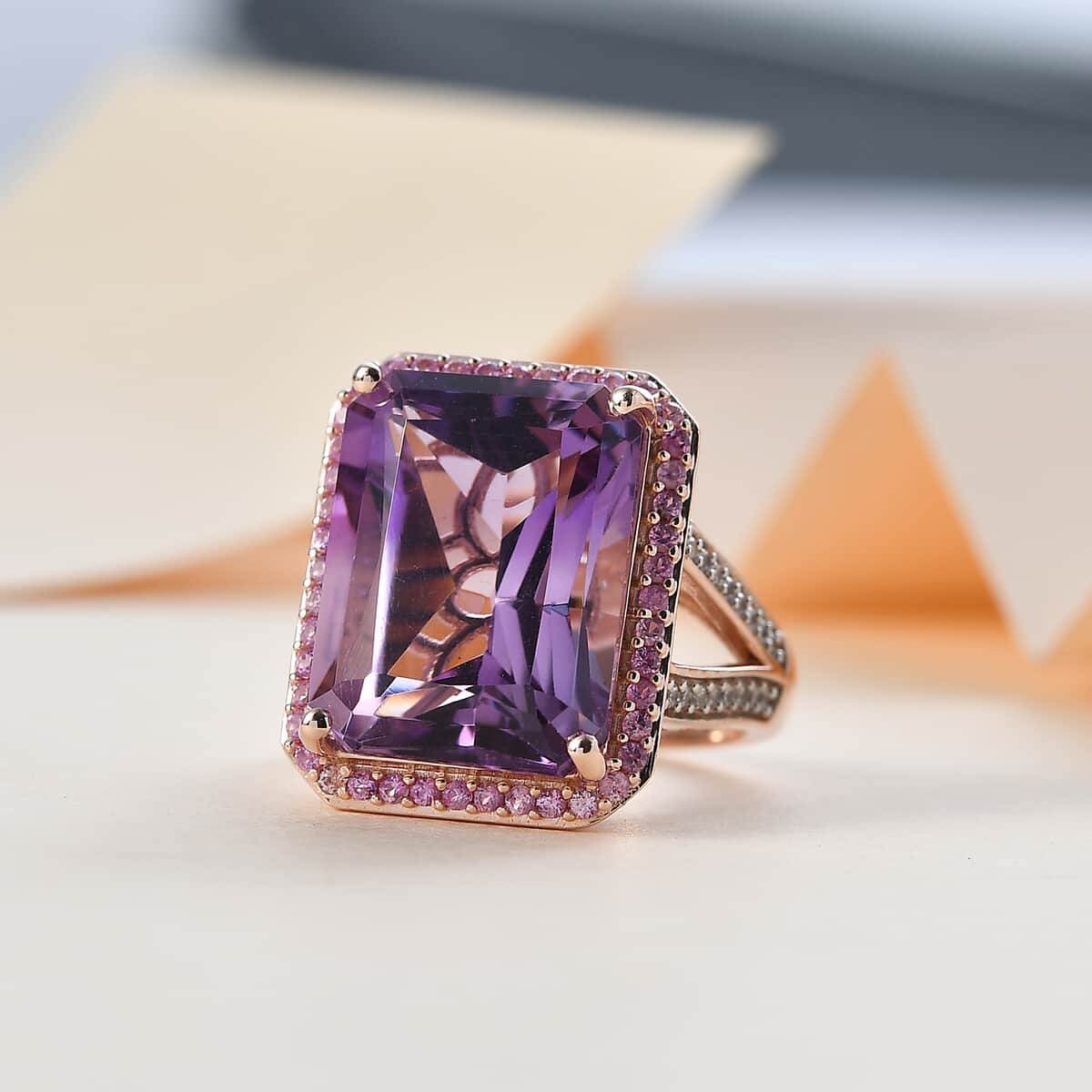 Radiant Cut Premium Rose De France Amethyst and Multi Gemstone Halo Ring in Vermeil Rose Gold Over Sterling Silver (Size 10.0) 12.35 ctw image number 1