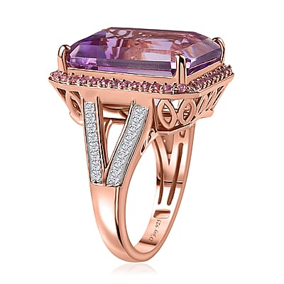 Radiant Cut Premium Rose De France Amethyst and Multi Gemstone Halo Ring in Vermeil Rose Gold Over Sterling Silver (Size 10.0) 12.35 ctw