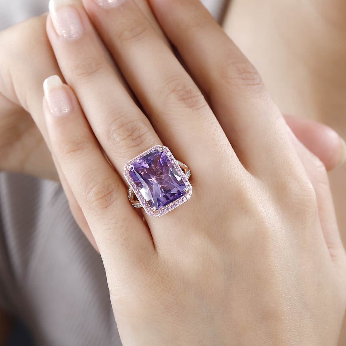 Radiant Cut Premium Rose De France Amethyst and Multi Gemstone Halo Ring in Vermeil Rose Gold Over Sterling Silver (Size 6.0) 12.35 ctw image number 2