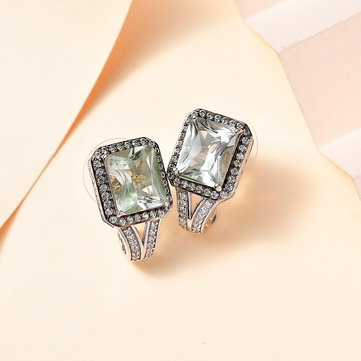 D'Joy Radiant Cut Premium Montezuma Prasiolite and Multi Gemstone J-Hoop Earrings in Platinum Over Sterling Silver 7.20 ctw