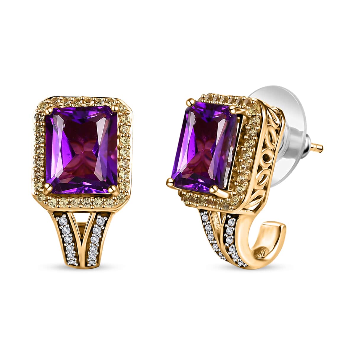 Radiant Cut Premium African Amethyst and Multi Gemstone J-Hoop Earrings in Vermeil Yellow Gold Over Sterling Silver 7.60 ctw image number 0