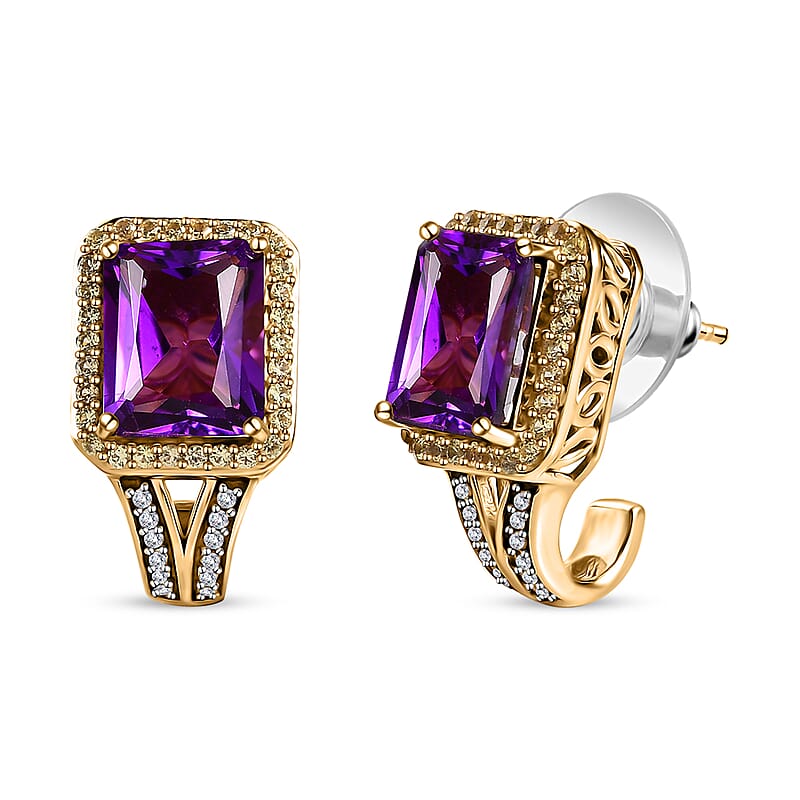 Radiant Cut Premium African Amethyst and Multi Gemstone J-Hoop Earrings in Vermeil Yellow Gold Over Sterling Silver 7.60 ctw