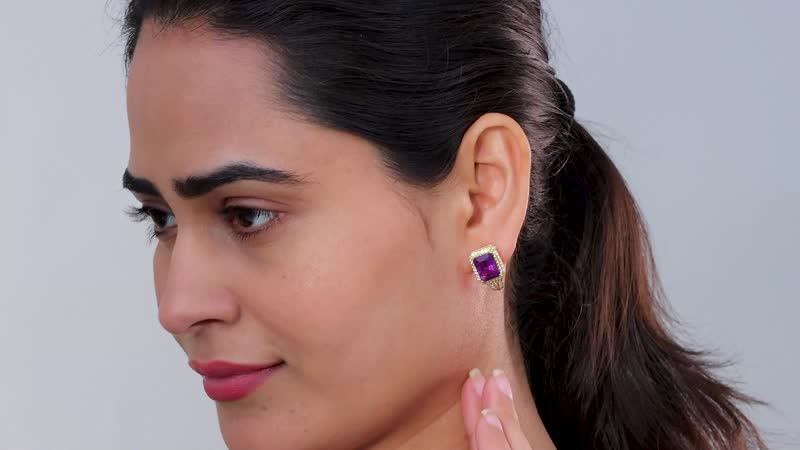 Radiant Cut Premium African Amethyst and Multi Gemstone J-Hoop Earrings in Vermeil Yellow Gold Over Sterling Silver 7.60 ctw