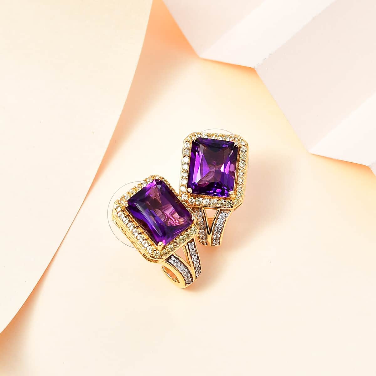 Radiant Cut Premium African Amethyst and Multi Gemstone J-Hoop Earrings in Vermeil Yellow Gold Over Sterling Silver 7.60 ctw image number 1