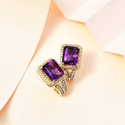 Radiant Cut Premium African Amethyst and Multi Gemstone J-Hoop Earrings in Vermeil Yellow Gold Over Sterling Silver 7.60 ctw